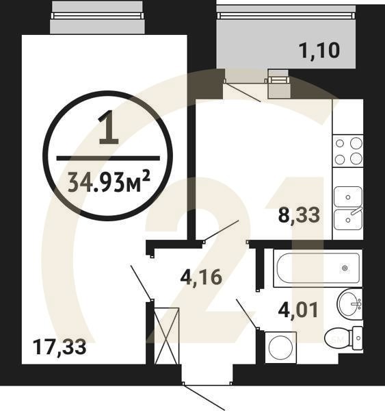 1-комн, 34.93 м², 1 этаж