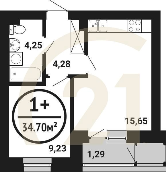 1-комн, 34.7 м², 1 этаж