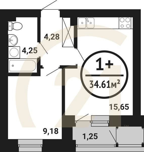 1-комн, 34.61 м², 1-5 этаж