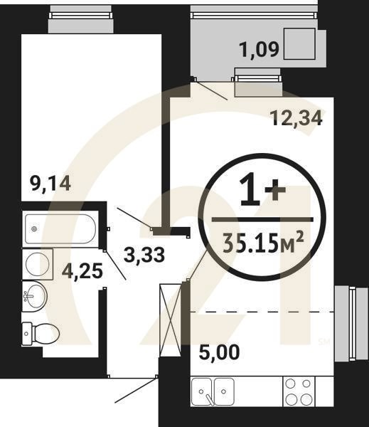 1-комн, 35.15 м², 2-8 этаж