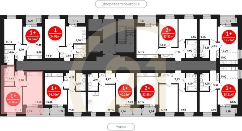 1-комн, 35.07 м², 2-8 этаж
