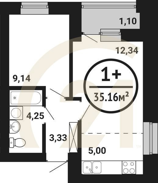1-комн, 35.16 м², 3-6 этаж