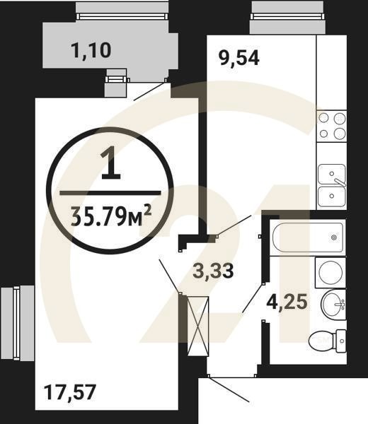 1-комн, 35.79 м², 2-6 этаж