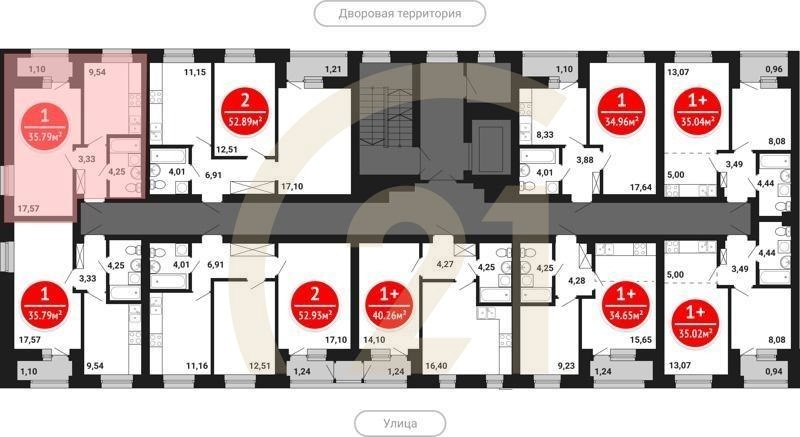 1-комн, 35.79 м², 2-6 этаж