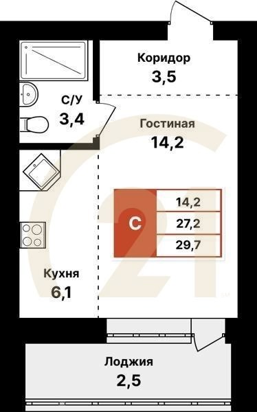 Студия, 29.7 м², 2-8 этаж