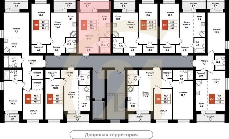 Студия, 29.8 м², 2-8 этаж