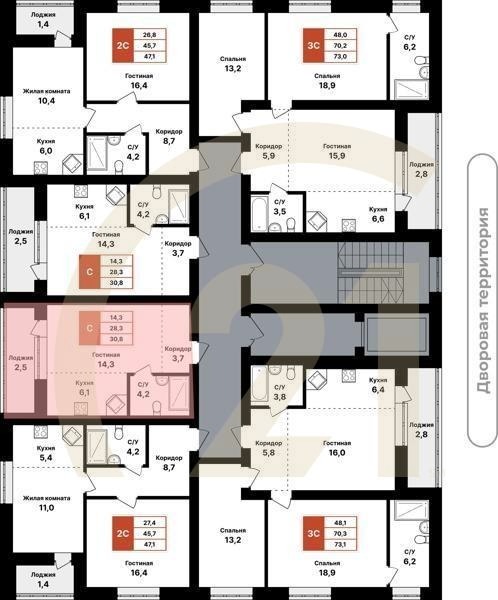 Студия, 30.8 м², 2-8 этаж