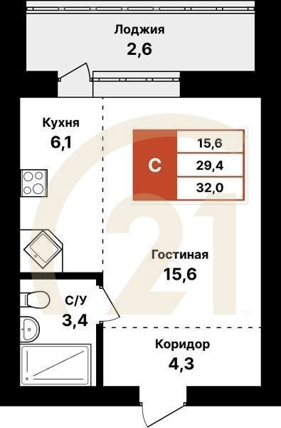 Студия, 32 м², 2-8 этаж