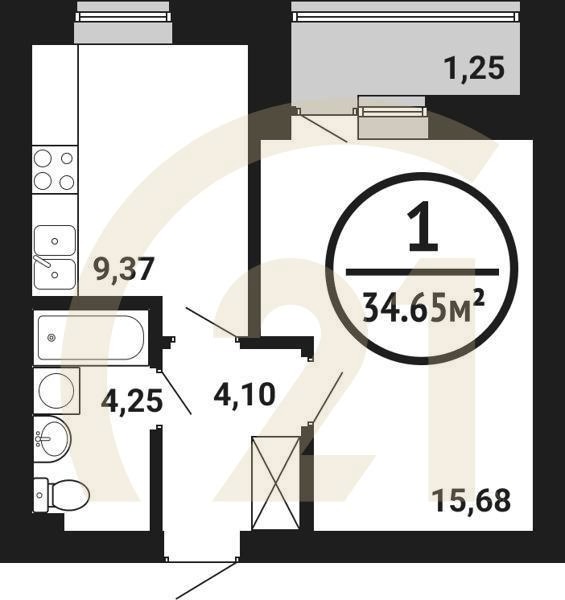 1-комн, 34.65 м², 1-8 этаж
