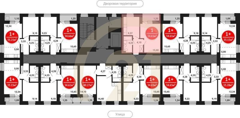 1-комн, 34.65 м², 1-8 этаж