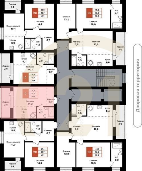 Студия, 30.8 м², 2-8 этаж