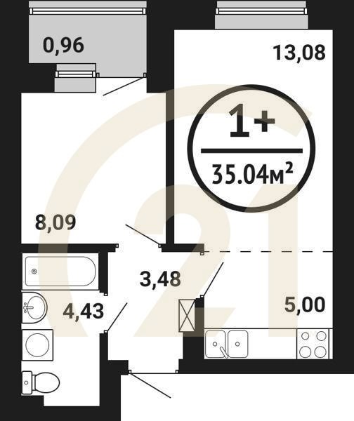 1-комн, 35.04 м², 2-7 этаж