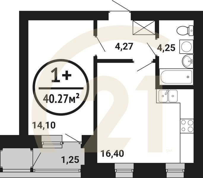 1-комн, 40.27 м², 2 этаж