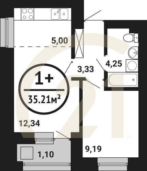 1-комн, 35.21 м², 2-8 этаж