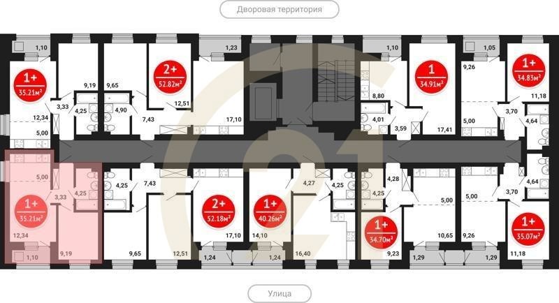 1-комн, 35.21 м², 2-8 этаж