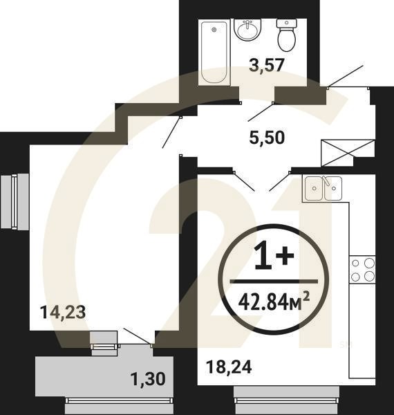 1-комн, 42.84 м², 2 этаж