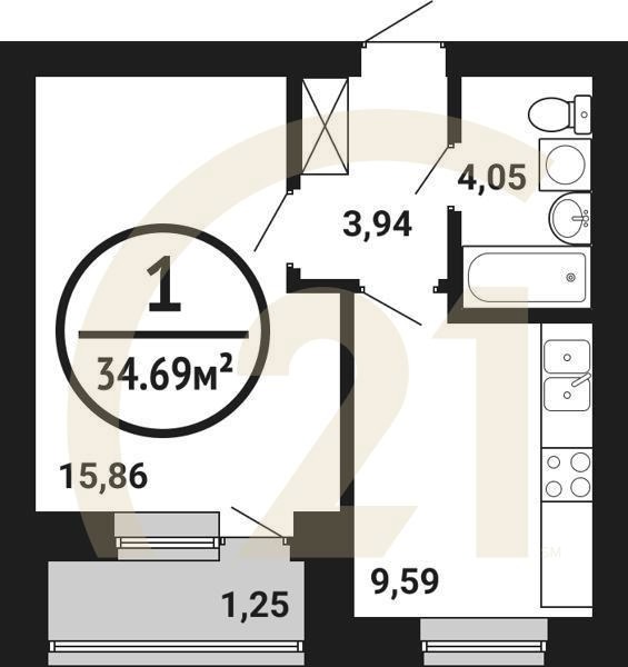 1-комн, 34.69 м², 2-8 этаж