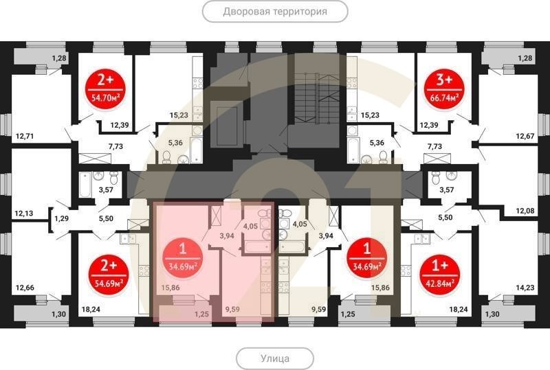1-комн, 34.69 м², 2-8 этаж