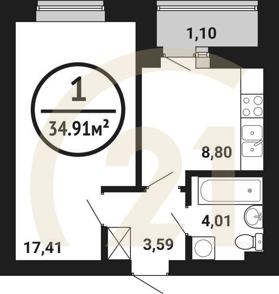 1-комн, 34.91 м², 1-8 этаж