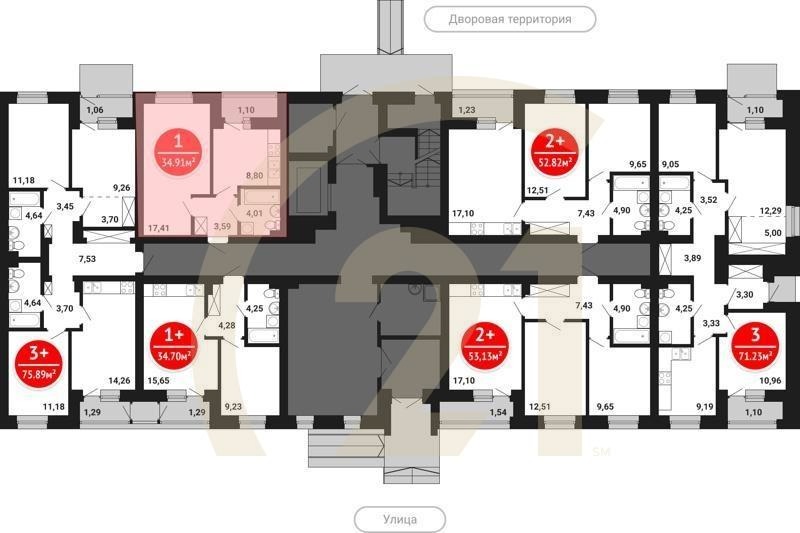 1-комн, 34.91 м², 1-8 этаж