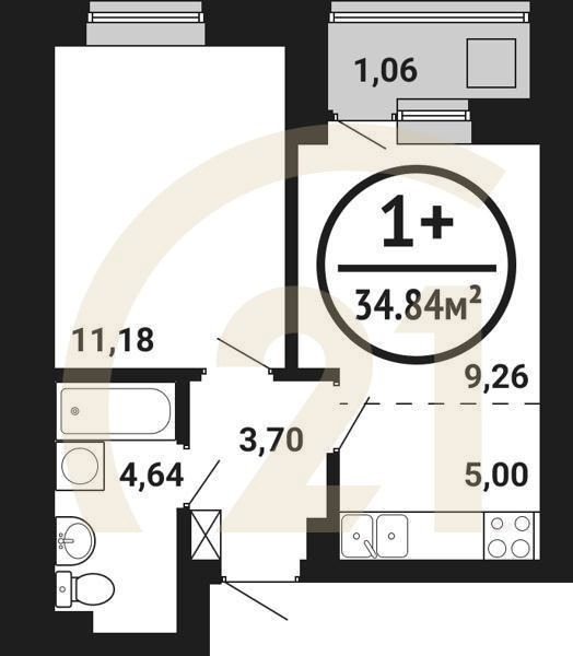 1-комн, 34.84 м², 2-7 этаж