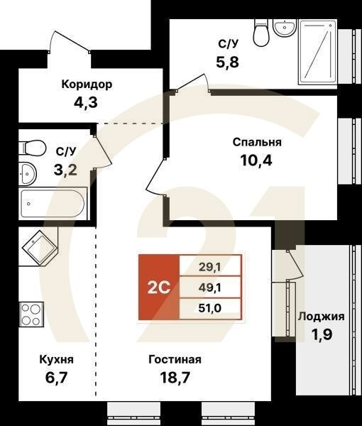 2-комн, 51 м², 2-6 этаж