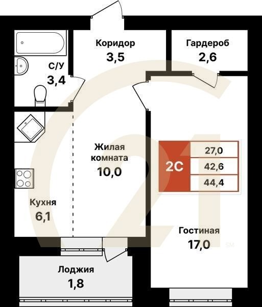 2-комн, 44.4 м², 3-8 этаж