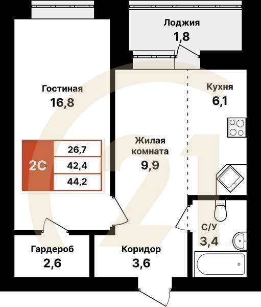 2-комн, 44.2 м², 2-8 этаж