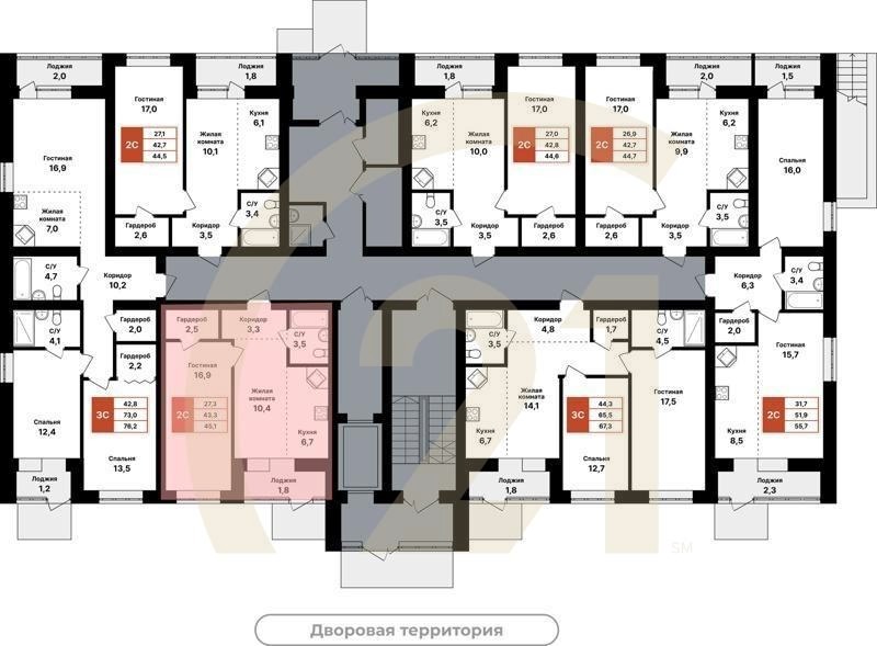 2-комн, 45.1 м², 1 этаж