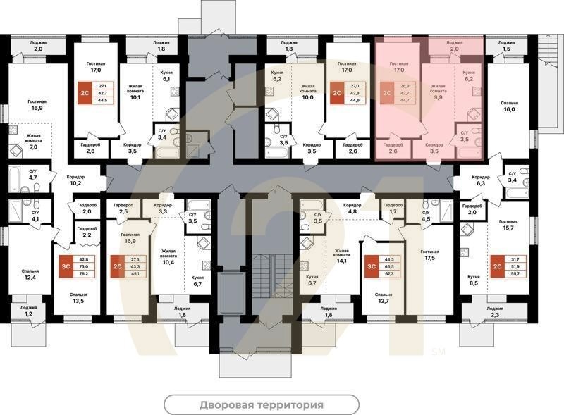 2-комн, 44.7 м², 1-8 этаж