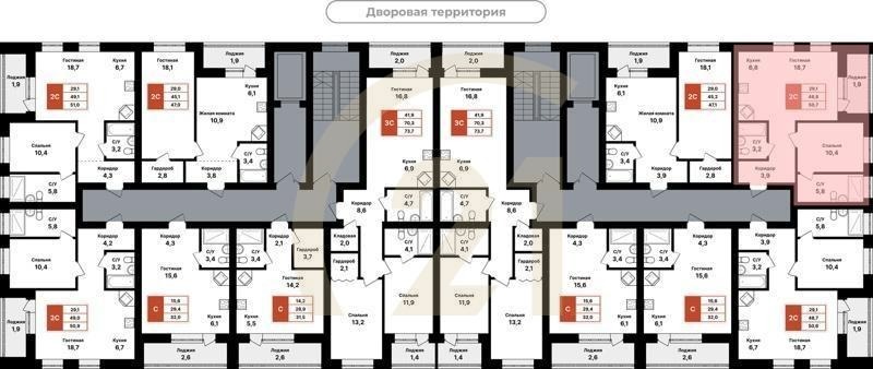 2-комн, 50.7 м², 2-7 этаж