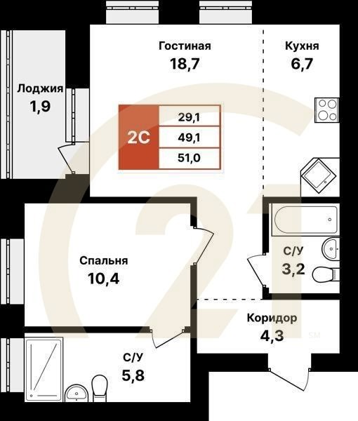 2-комн, 51 м², 2-8 этаж