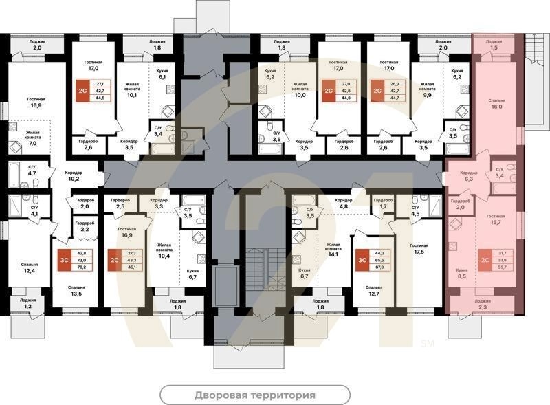 2-комн, 55.7 м², 1 этаж