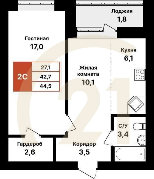 2-комн, 44.5 м², 1-8 этаж