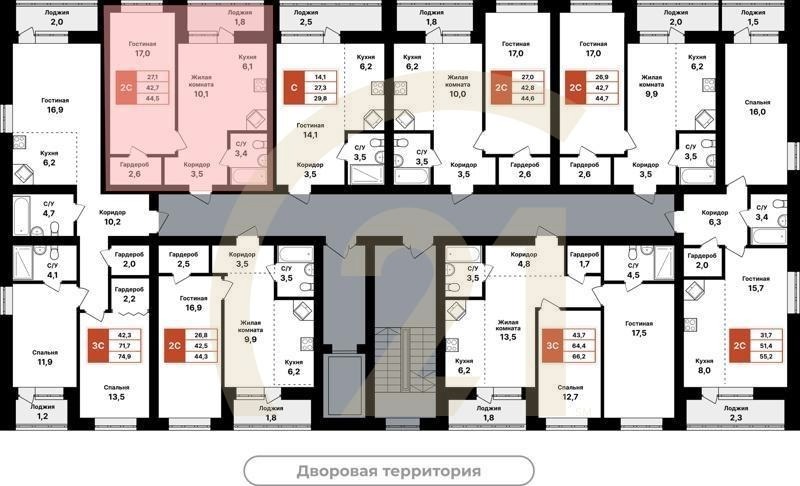2-комн, 44.5 м², 1-8 этаж