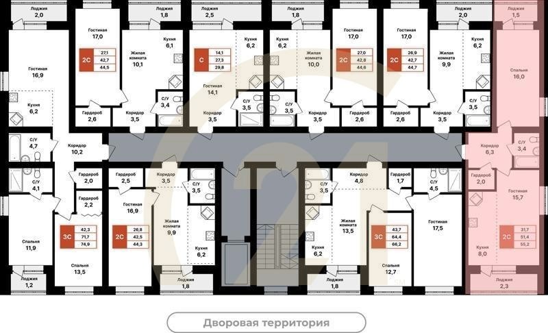 2-комн, 55.2 м², 2-7 этаж