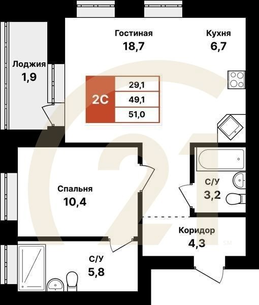 2-комн, 51 м², 2-8 этаж