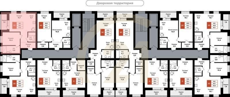 2-комн, 51 м², 2-8 этаж