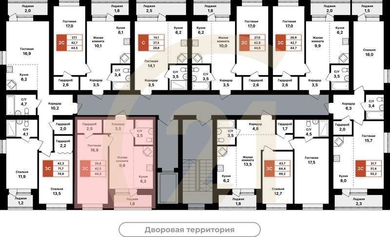 2-комн, 44.3 м², 2-8 этаж