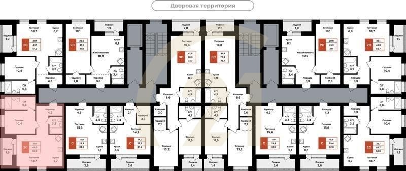 2-комн, 50.9 м², 2-8 этаж