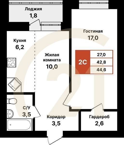 2-комн, 44.6 м², 1-8 этаж