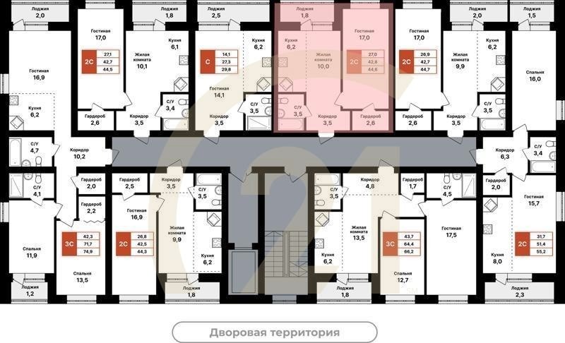 2-комн, 44.6 м², 1-8 этаж
