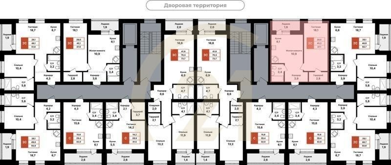2-комн, 47.1 м², 2-8 этаж