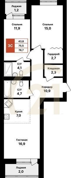 3-комн, 78.7 м², 2-8 этаж