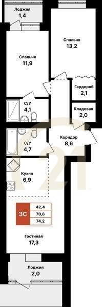 3-комн, 74.2 м², 1 этаж