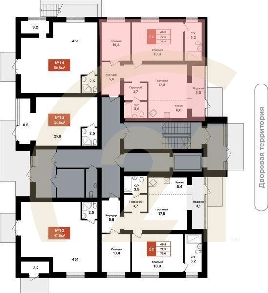 3-комн, 75.5 м², 1 этаж