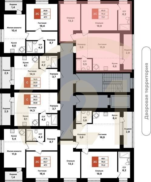 3-комн, 73.1 м², 2-7 этаж