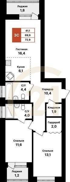 3-комн, 72.9 м², 2-8 этаж