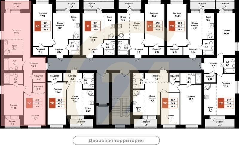 3-комн, 74.9 м², 2-6 этаж