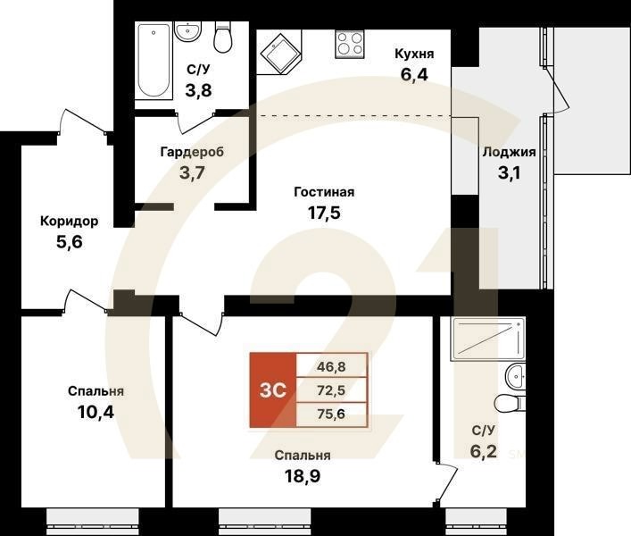 3-комн, 75.6 м², 1 этаж